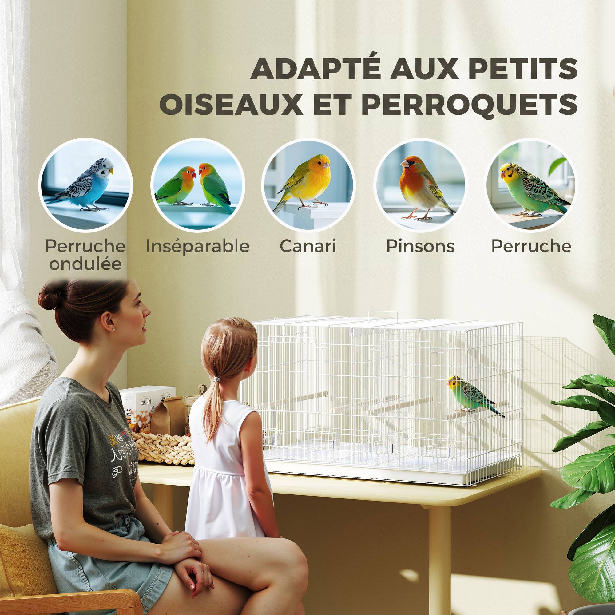 Cage volière intérieure en acier avec séparateur, 4 perchoirs, plateau coulissant, 4 mangeoires, 76x46x46cm, blanc - Image 10