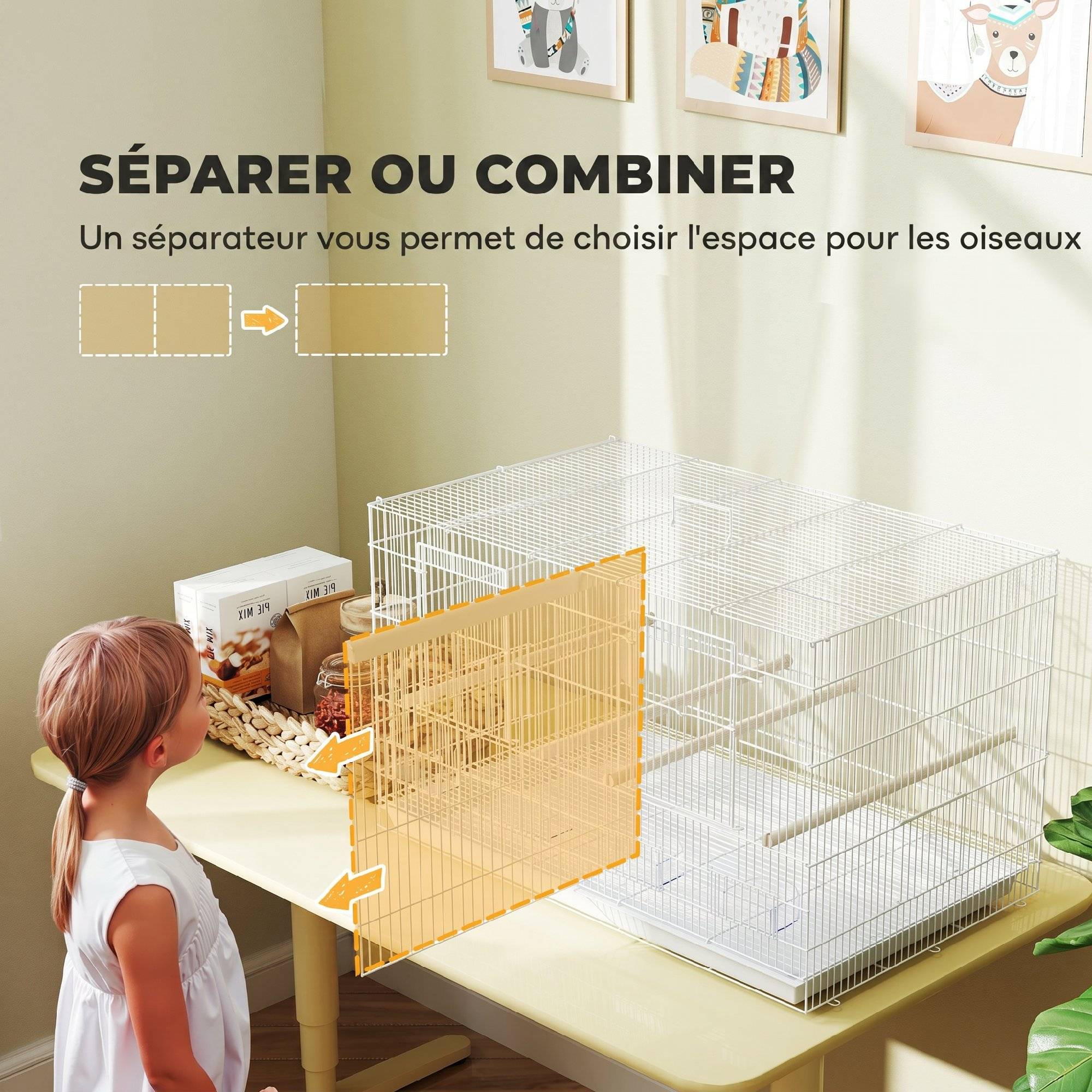 Cage volière intérieure en acier avec séparateur, 4 perchoirs, plateau coulissant, 4 mangeoires, 76x46x46cm, blanc - Image 6