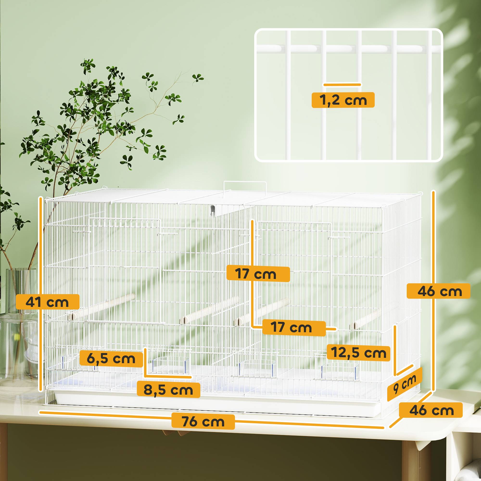 Cage volière intérieure en acier avec séparateur, 4 perchoirs, plateau coulissant, 4 mangeoires, 76x46x46cm, blanc - Image 5