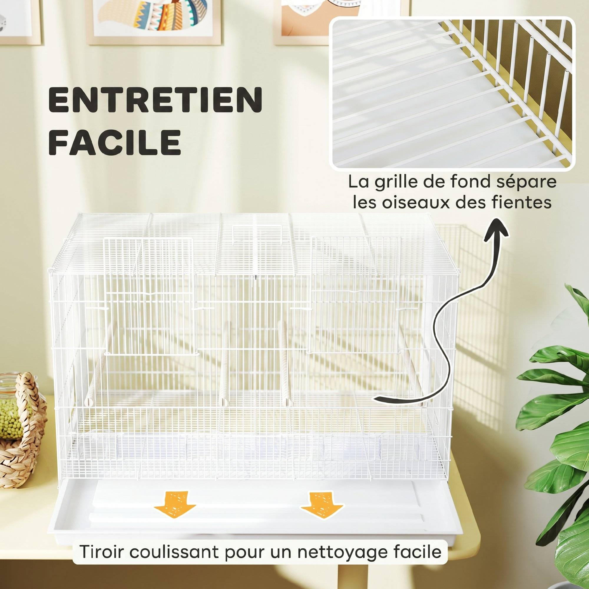 Cage volière intérieure en acier avec séparateur, 4 perchoirs, plateau coulissant, 4 mangeoires, 76x46x46cm, blanc - Image 9