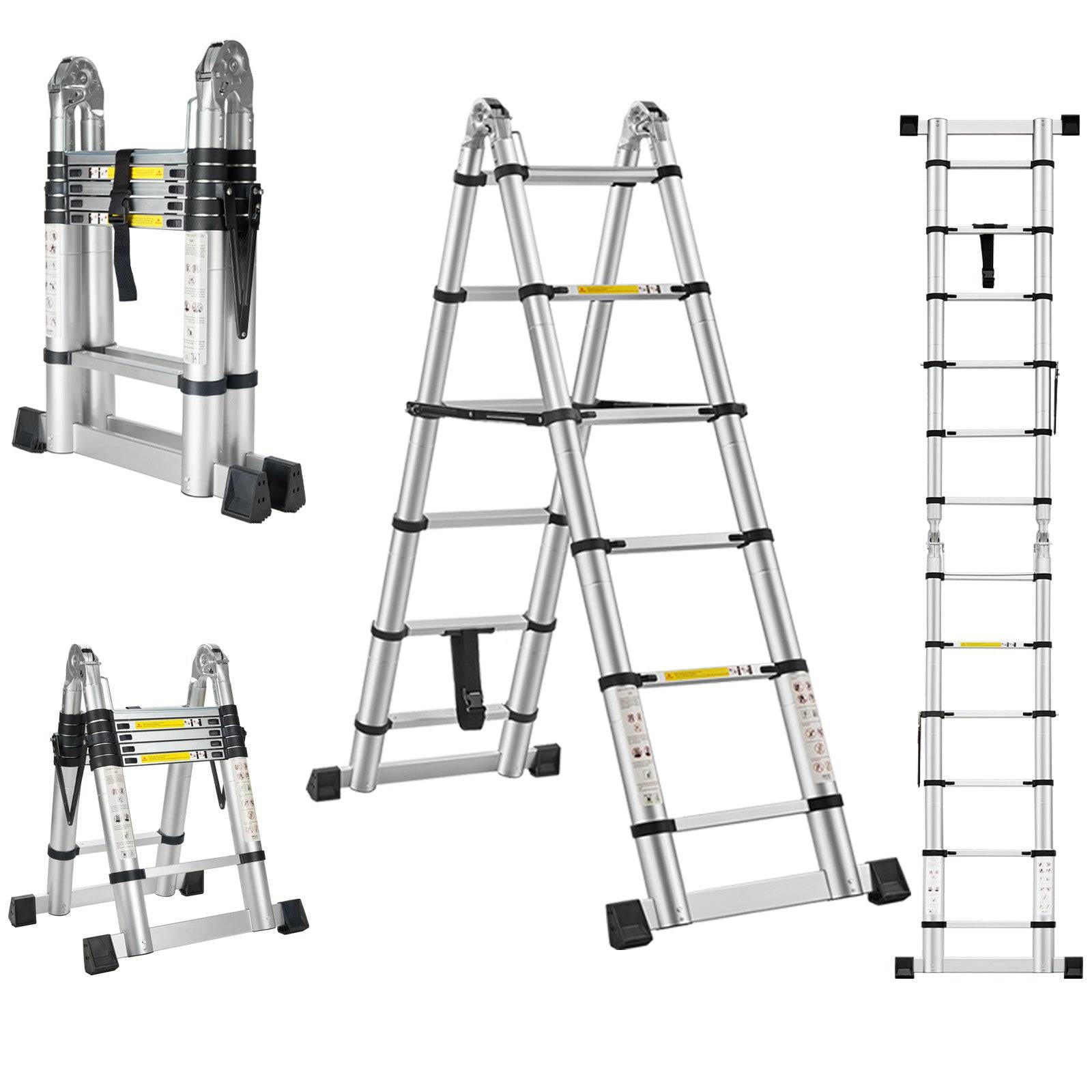 Teeno - Échelle télescopique pliante 2 en 1 3,8 m (1,9 + 1,9), aluminium, capacité de charge 150 kg, argent - Image 1