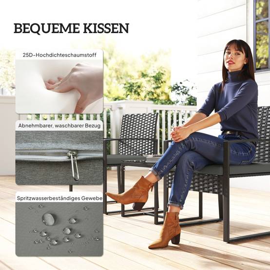Salon de jardin bistrot résine tressée acier balcon 2 places coussins gris foncé - ComfortXL Outdoor Living - Image 6