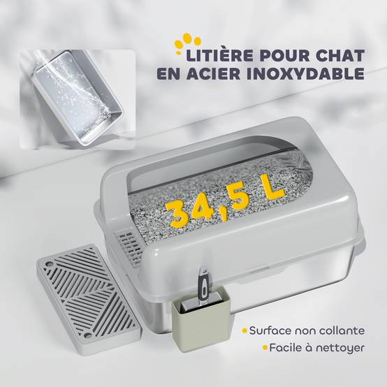 Bac à litière ABS et acier inoxydable intérieur parois hautes 60x40x29cm gris clair - ComfortXL Outdoor Living - Image 7