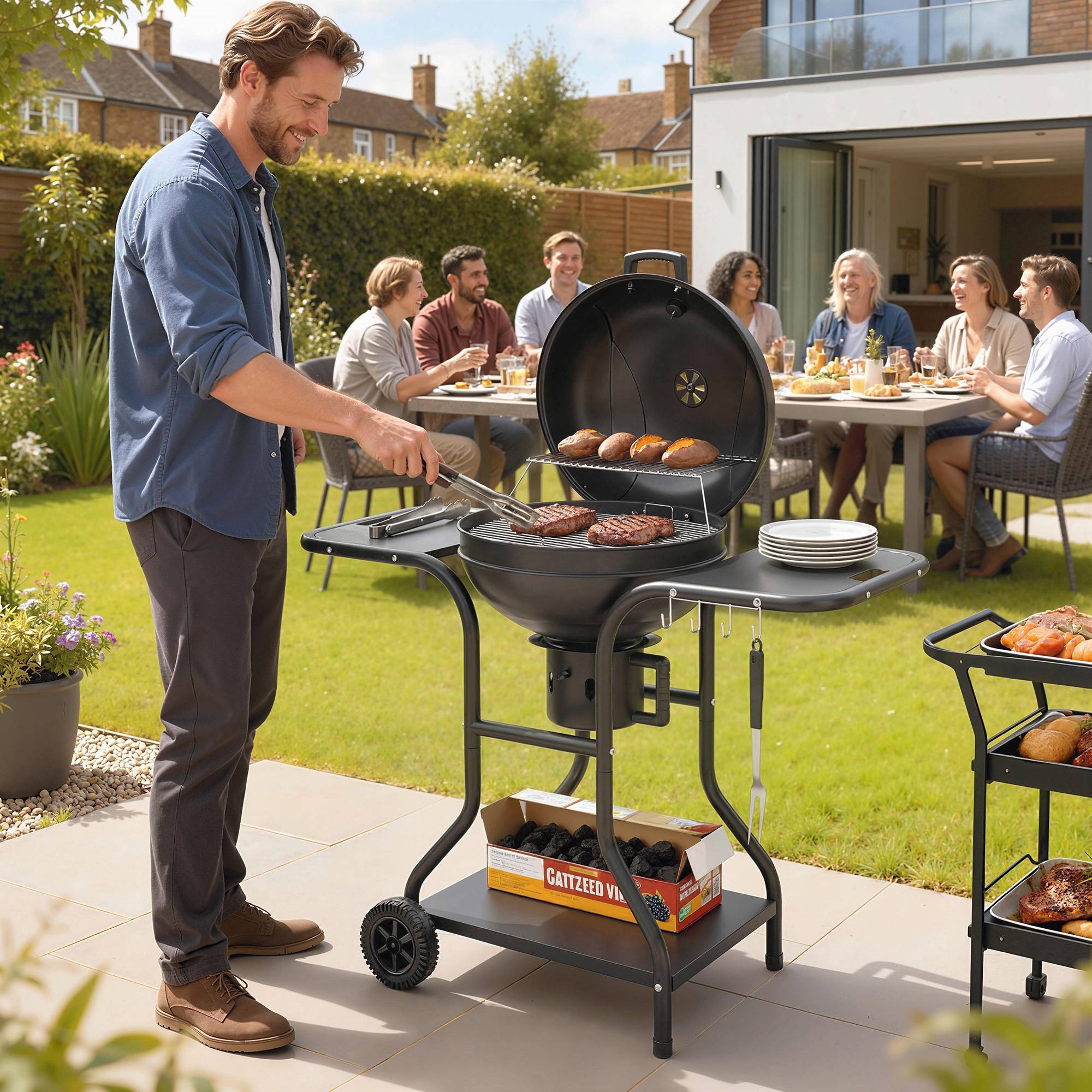 Sans Marque - Barbecue fumoir à charbon de bois avec tablettes latérales, couvercle, thermomètre et roulettes, 129 x 63,5 x 106,5 cm - Image 3
