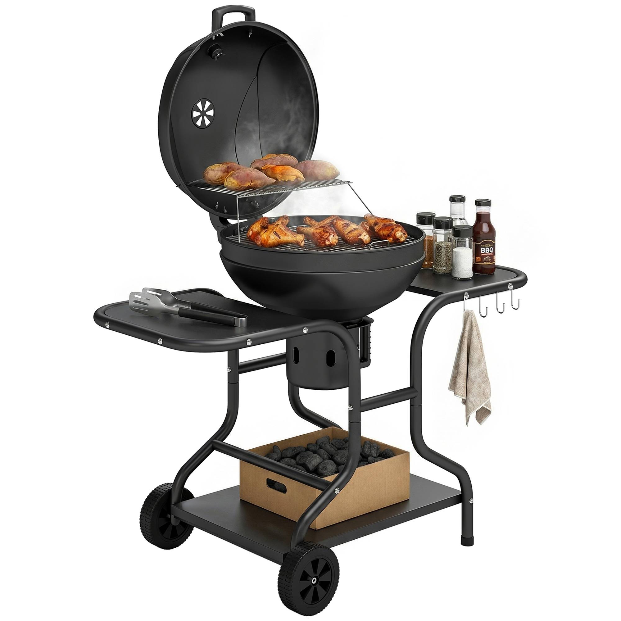 Sans Marque - Barbecue fumoir à charbon de bois avec tablettes latérales, couvercle, thermomètre et roulettes, 129 x 63,5 x 106,5 cm - Image 1