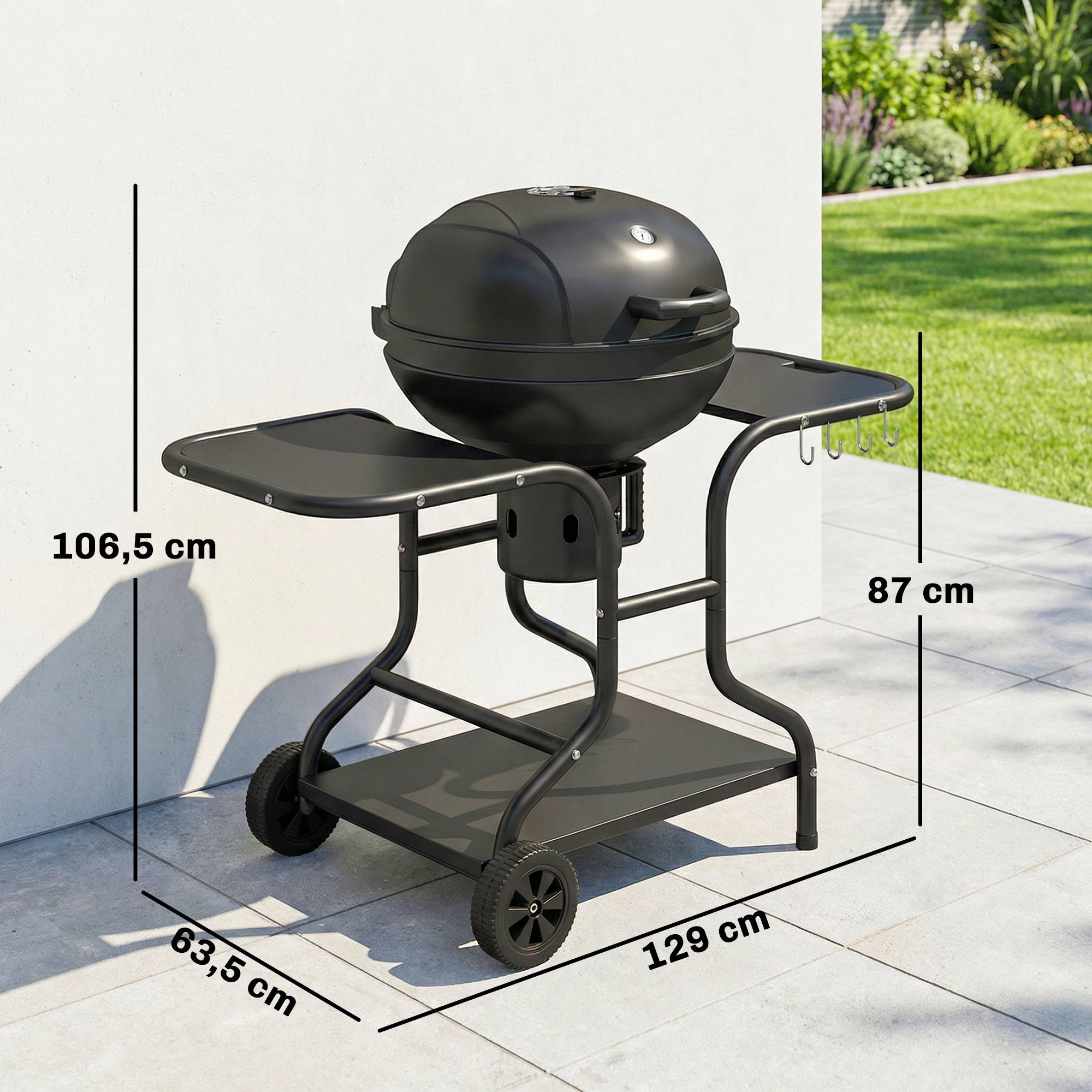Sans Marque - Barbecue fumoir à charbon de bois avec tablettes latérales, couvercle, thermomètre et roulettes, 129 x 63,5 x 106,5 cm - Image 5