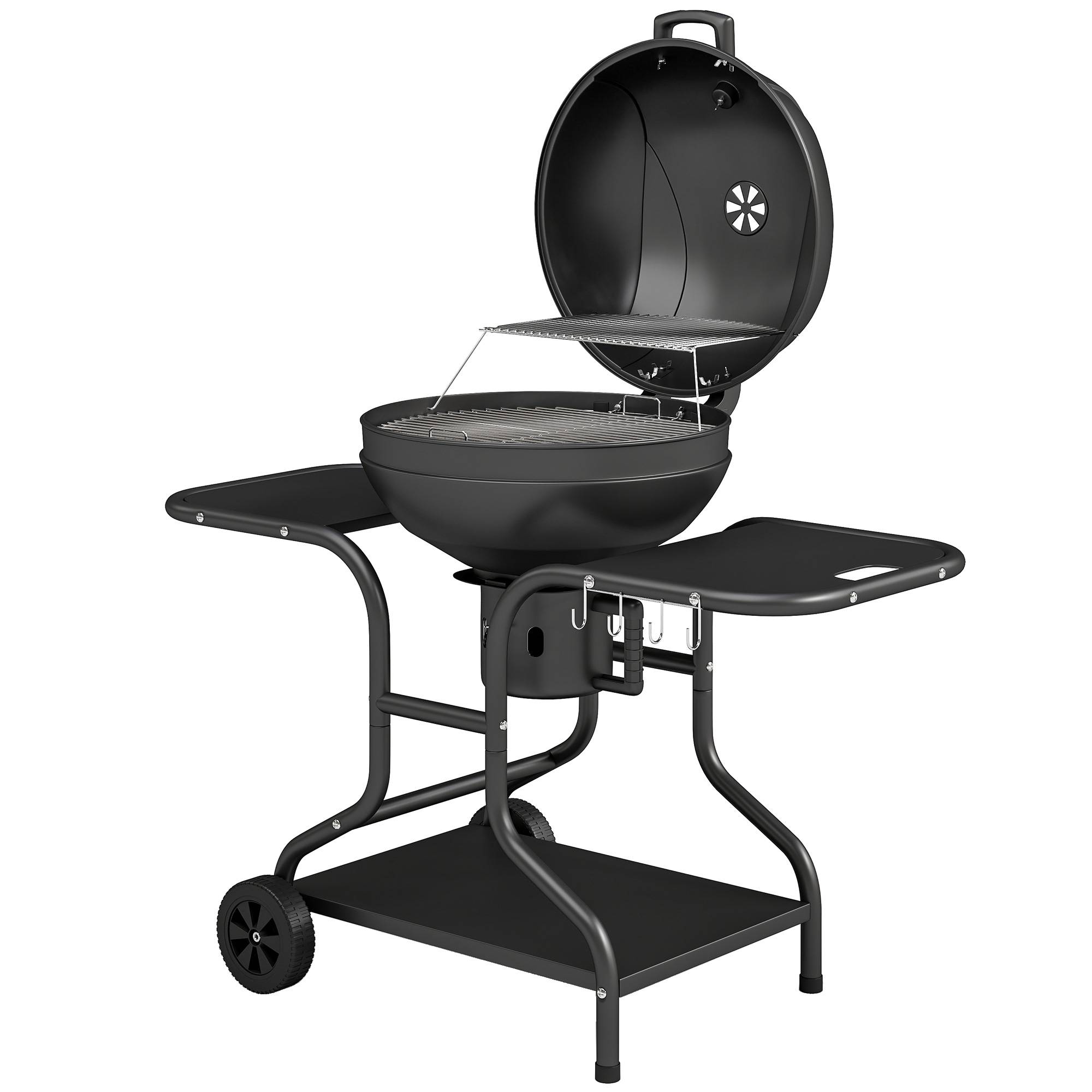 Sans Marque - Barbecue fumoir à charbon de bois avec tablettes latérales, couvercle, thermomètre et roulettes, 129 x 63,5 x 106,5 cm - Image 2