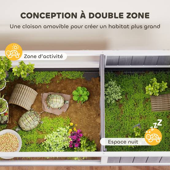 Maison pour tortues enclos 2 espaces et support de lampe toit ouvrable plateau coulissant 104 x 53 x 82 cm gris - Image 6