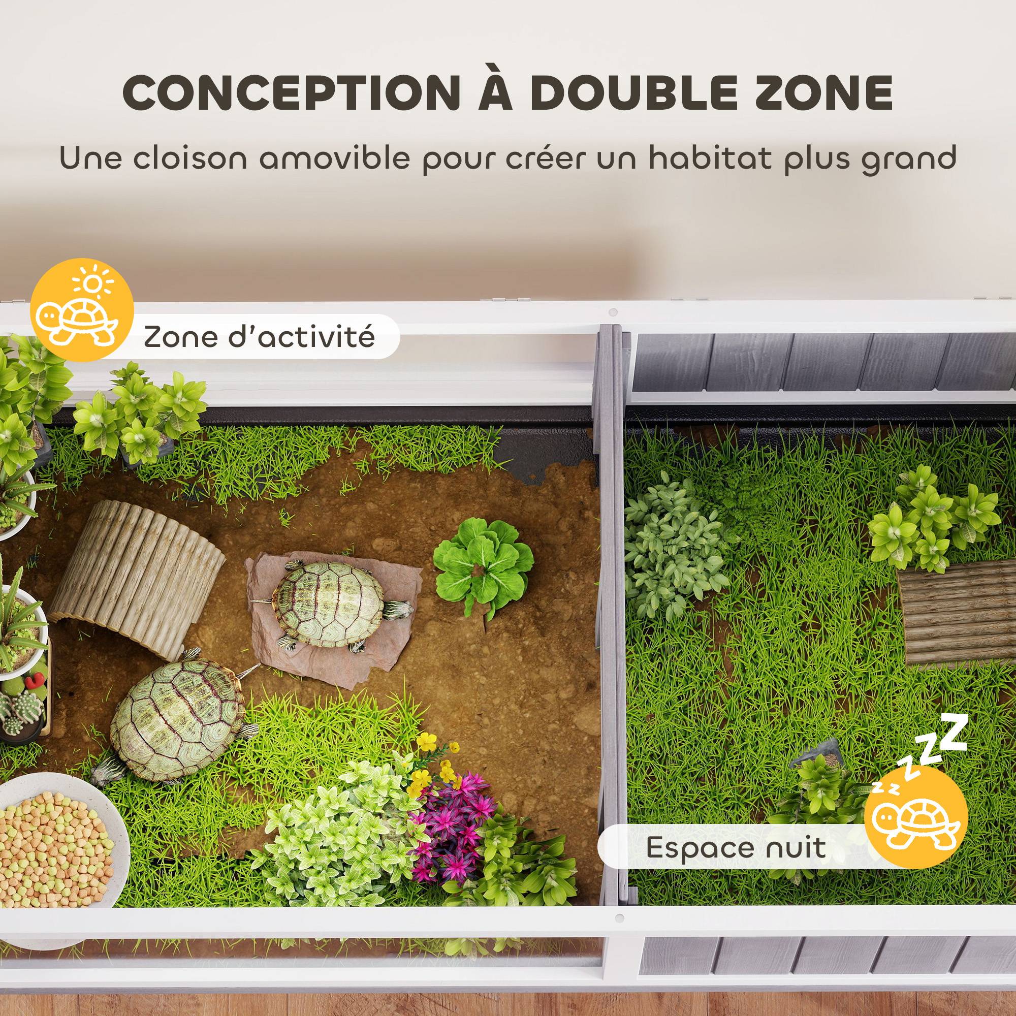 Maison pour tortues enclos 2 espaces et support de lampe toit ouvrable plateau coulissant 104 x 53 x 82 cm gris - Image 6