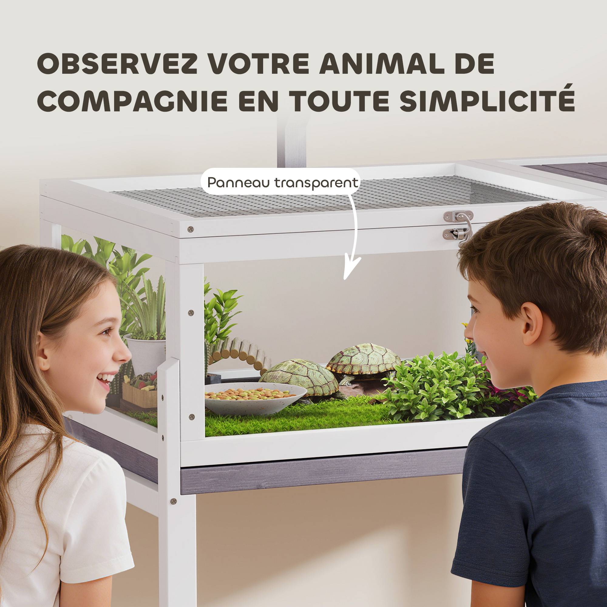 Maison pour tortues enclos 2 espaces et support de lampe toit ouvrable plateau coulissant 104 x 53 x 82 cm gris - Image 8