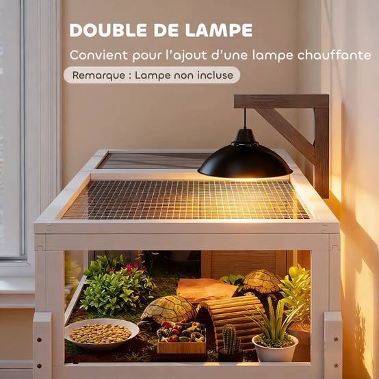Maison pour tortues enclos 2 espaces et support de lampe toit ouvrable plateau coulissant 104 x 53 x 82 cm gris - Image 9