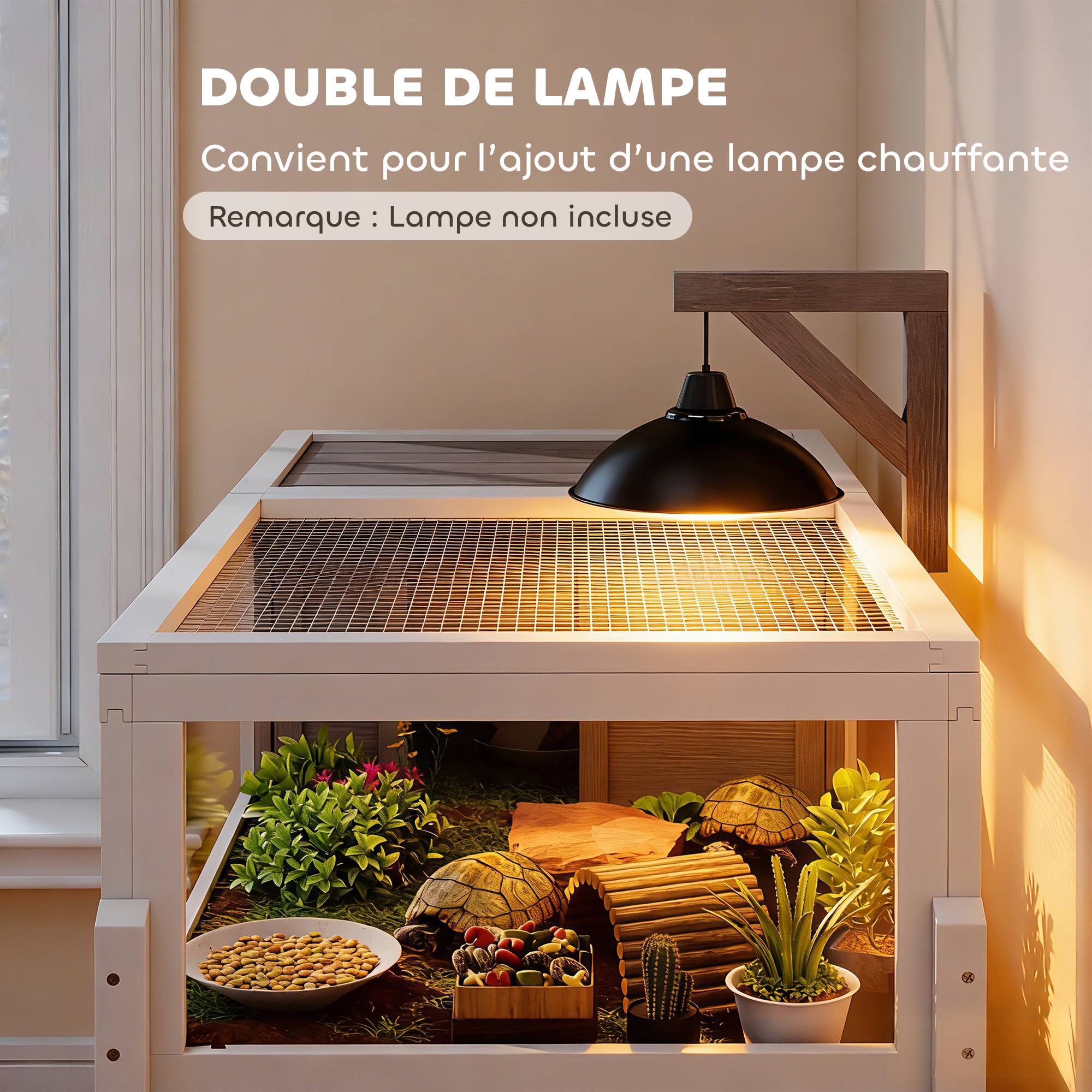 Maison pour tortues enclos 2 espaces et support de lampe toit ouvrable plateau coulissant 104 x 53 x 82 cm gris - Image 9