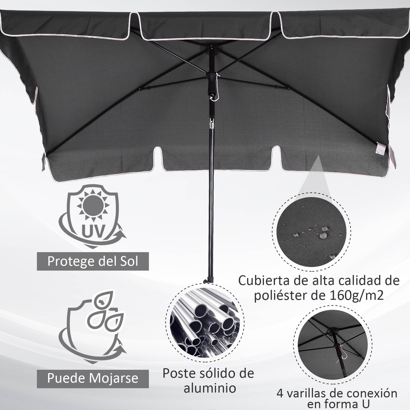 ComfortXL - Parasol rectangulaire aluminium pour terrasse inclinable 198x130 cm Gris - ComfortXL Outdoor Living - Image 8