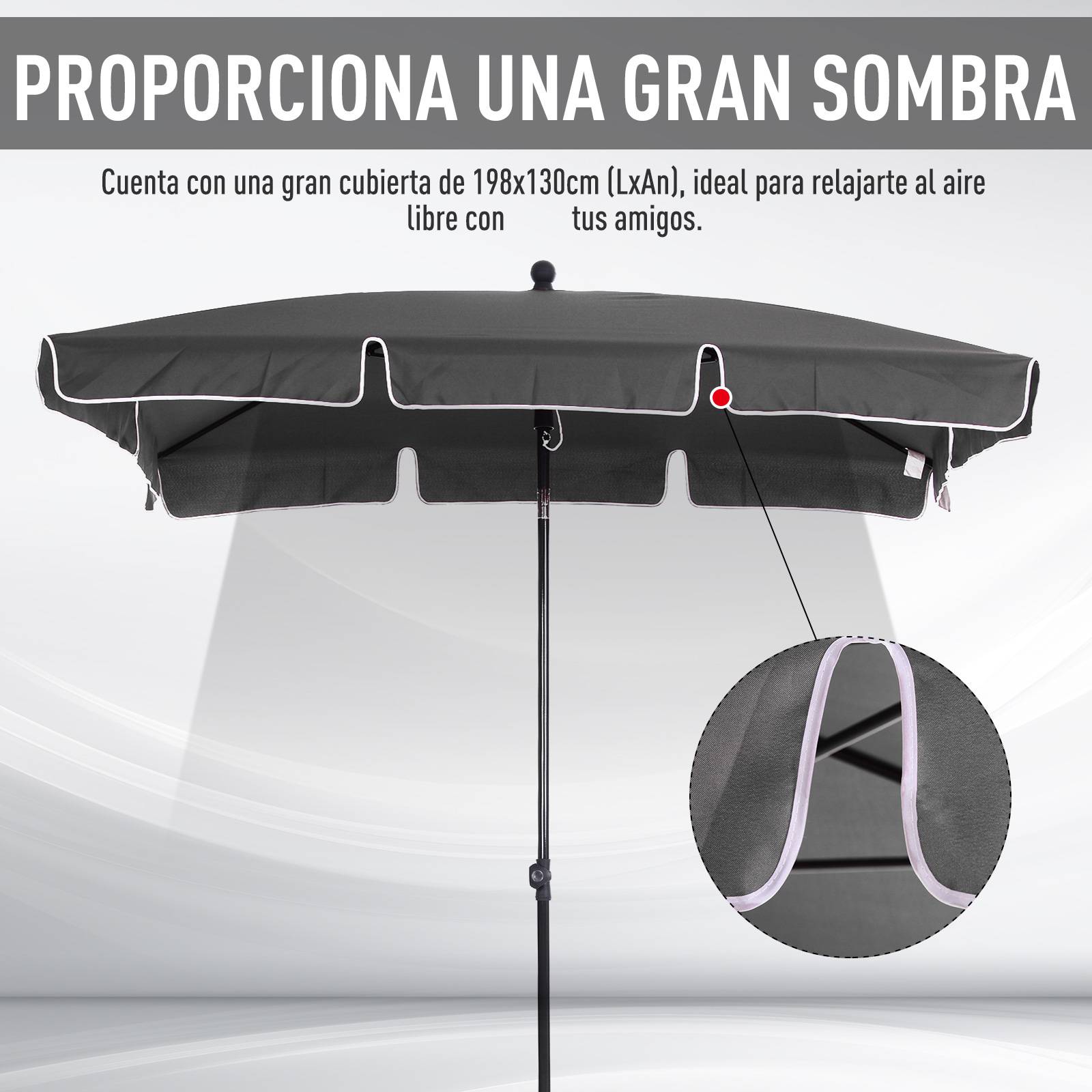 ComfortXL - Parasol rectangulaire aluminium pour terrasse inclinable 198x130 cm Gris - ComfortXL Outdoor Living - Image 6
