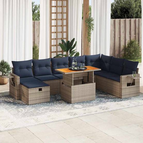 Ensemble Salon de Jardin Poly Rotin et Acacia avec Coffre de Rangement pour Extérieur Gris 9 Pièces – ComfortXL Outdoor Living - Image 1