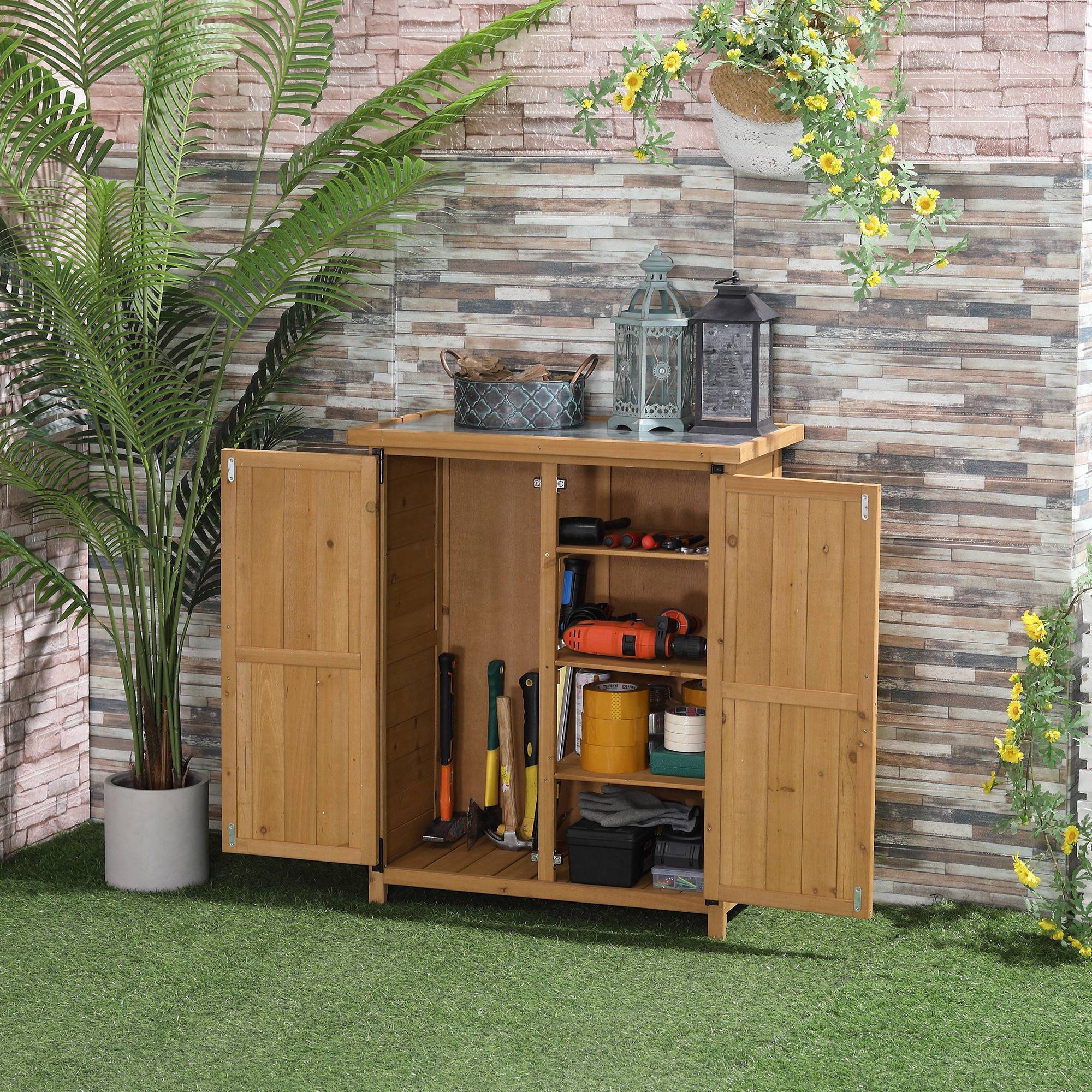 Abri de jardin bois sapin pour extérieur avec toit galvanisé et 4 étagères 75x40cm - ComfortXL Outdoor Living - Image 3
