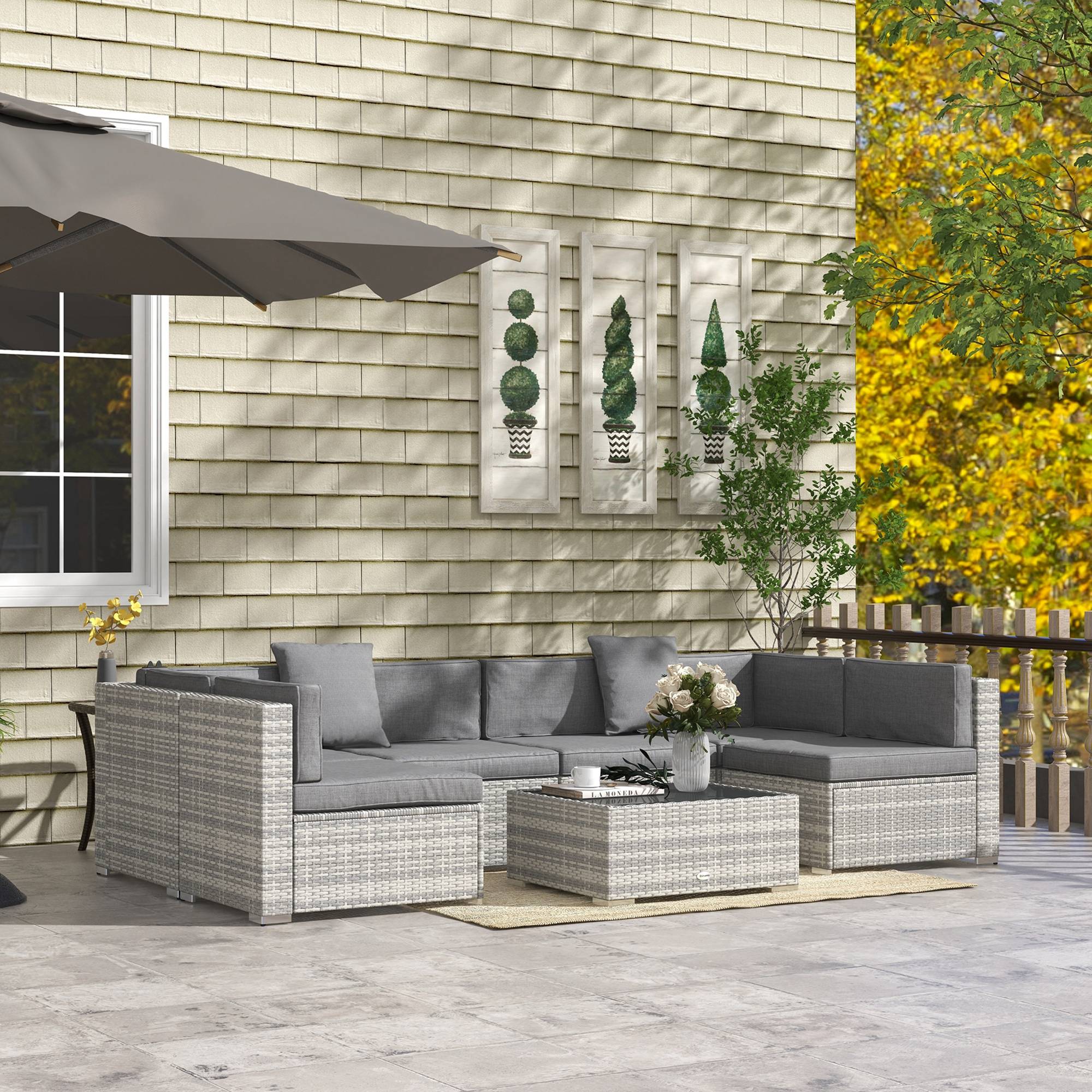 Outsunny - Ensemble salon jardin 7 pièces modulable table basse verre trempé coussins déhoussables résine tressée imitation rotin gris - Outsunny - Image 2