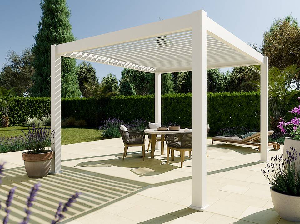 Pergola Bioclimatique Aluminium Autoportee 12m2 - 3x4m - Blanc - Lames Orientables de 0 à 120 degrés - ECLIPSE 12
