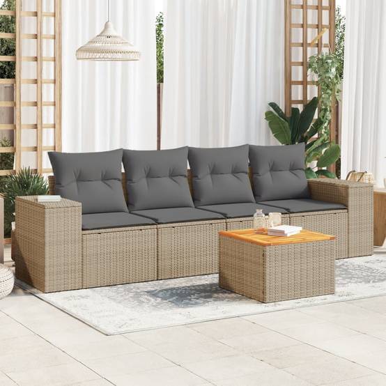 Salon de jardin 4 personnes résine tressée et bois modulable pour terrasse Beige et Gris Clair – ComfortXL Outdoor Living - Image 1