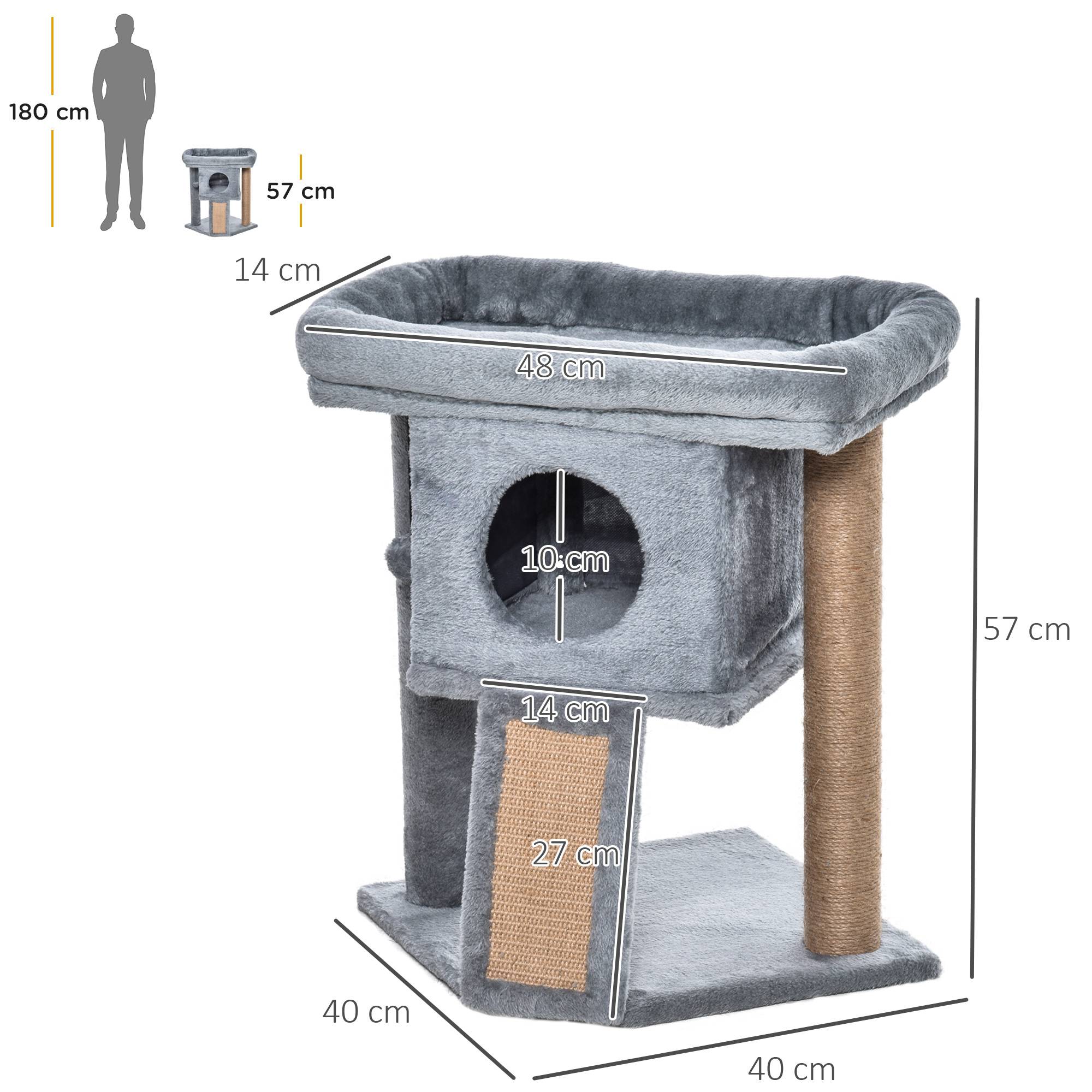 Arbre à chat PawHut 57 cm, tour avec grotte, balle, grande plateforme, griffoir, chats ≤5 kg, gris clair - Image 5