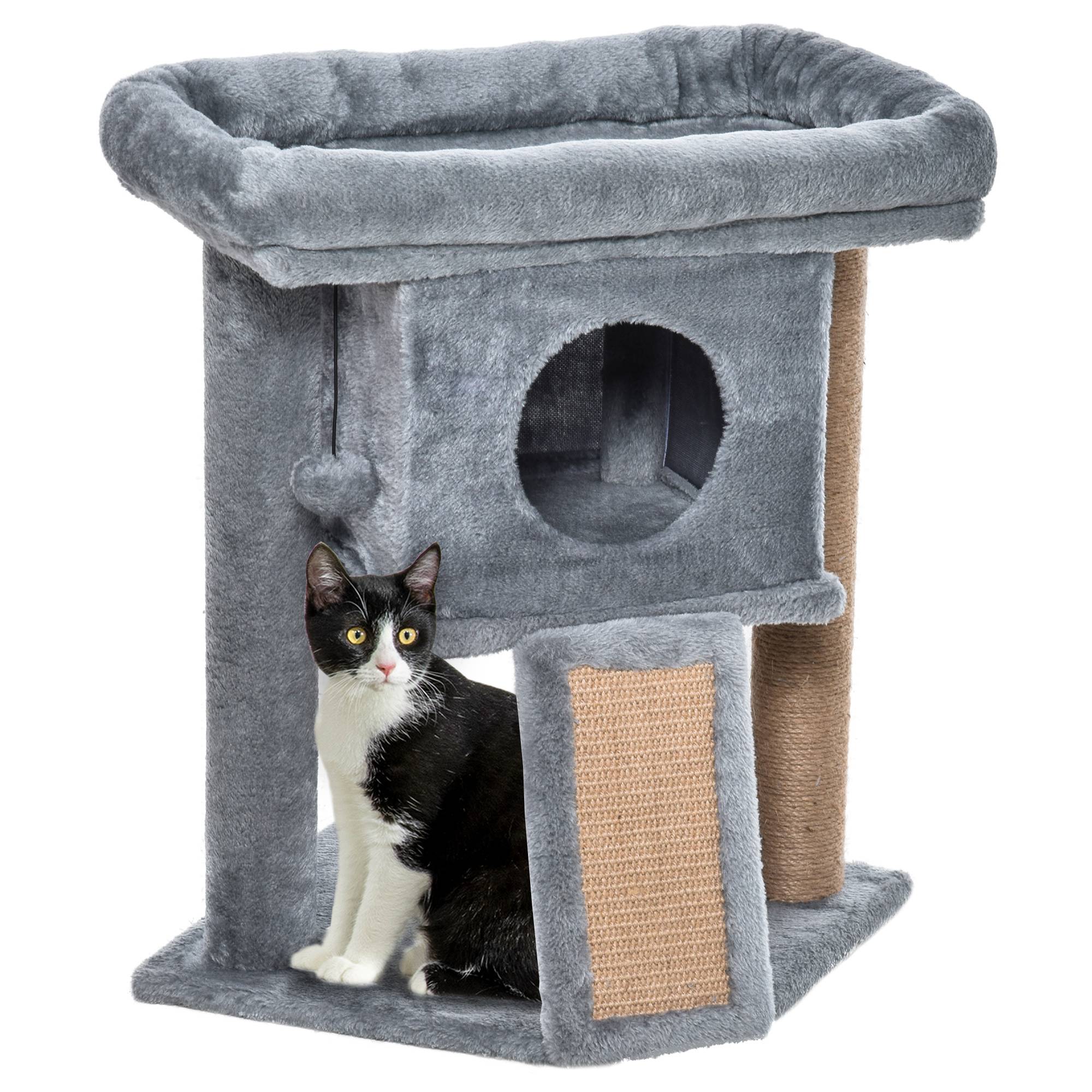 Arbre à chat PawHut 57 cm, tour avec grotte, balle, grande plateforme, griffoir, chats ≤5 kg, gris clair - Image 1