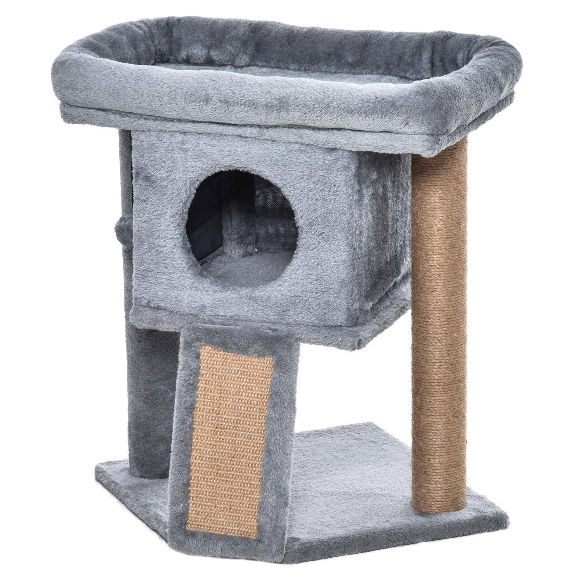 Arbre à chat PawHut 57 cm, tour avec grotte, balle, grande plateforme, griffoir, chats ≤5 kg, gris clair - Image 2