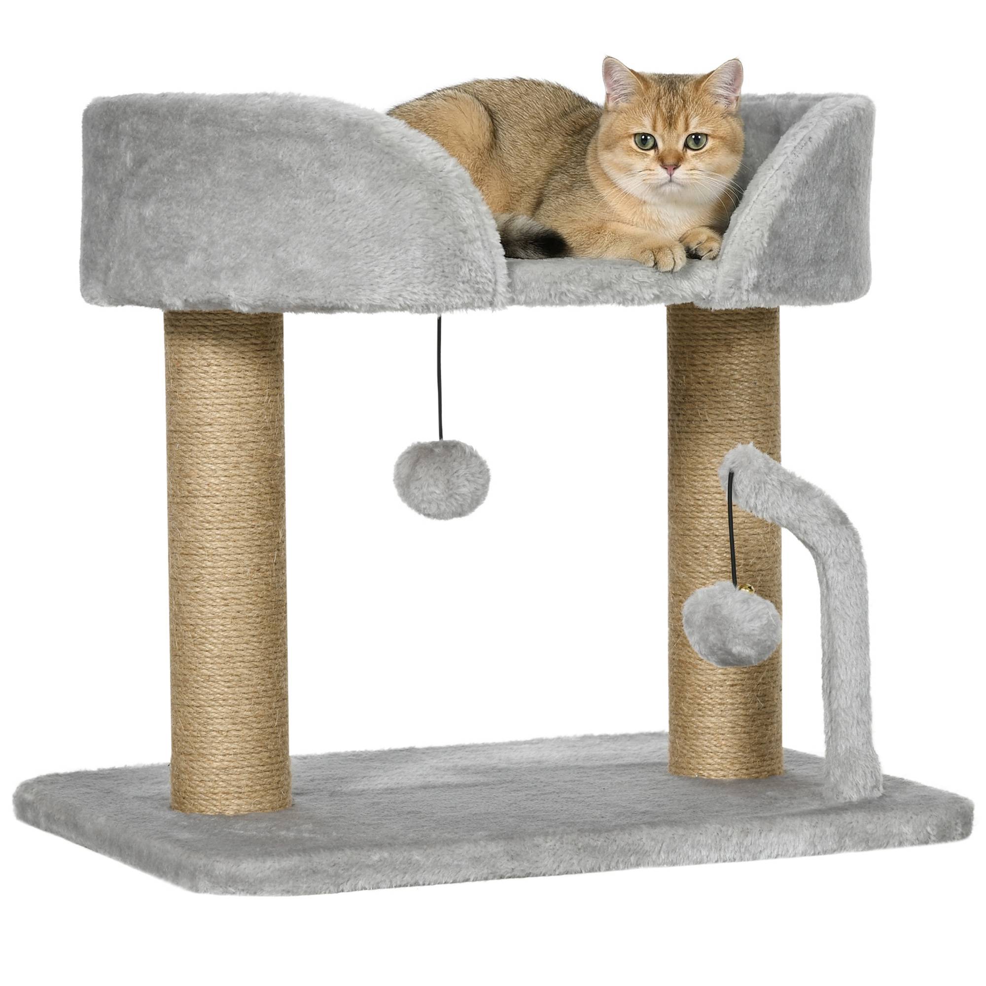 arbre à chat design griffoir jouet 2 pompons poteaux jute plateforme peluche 48x38x42 cm gris chat compact
