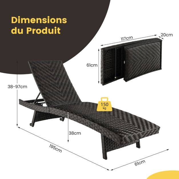 Helloshop26 - Chaise longue pliable en rotin pe dossier inclinable à 5 positions 2 roues arrière patins antidérapants bain de soleil marron - Imagen 2