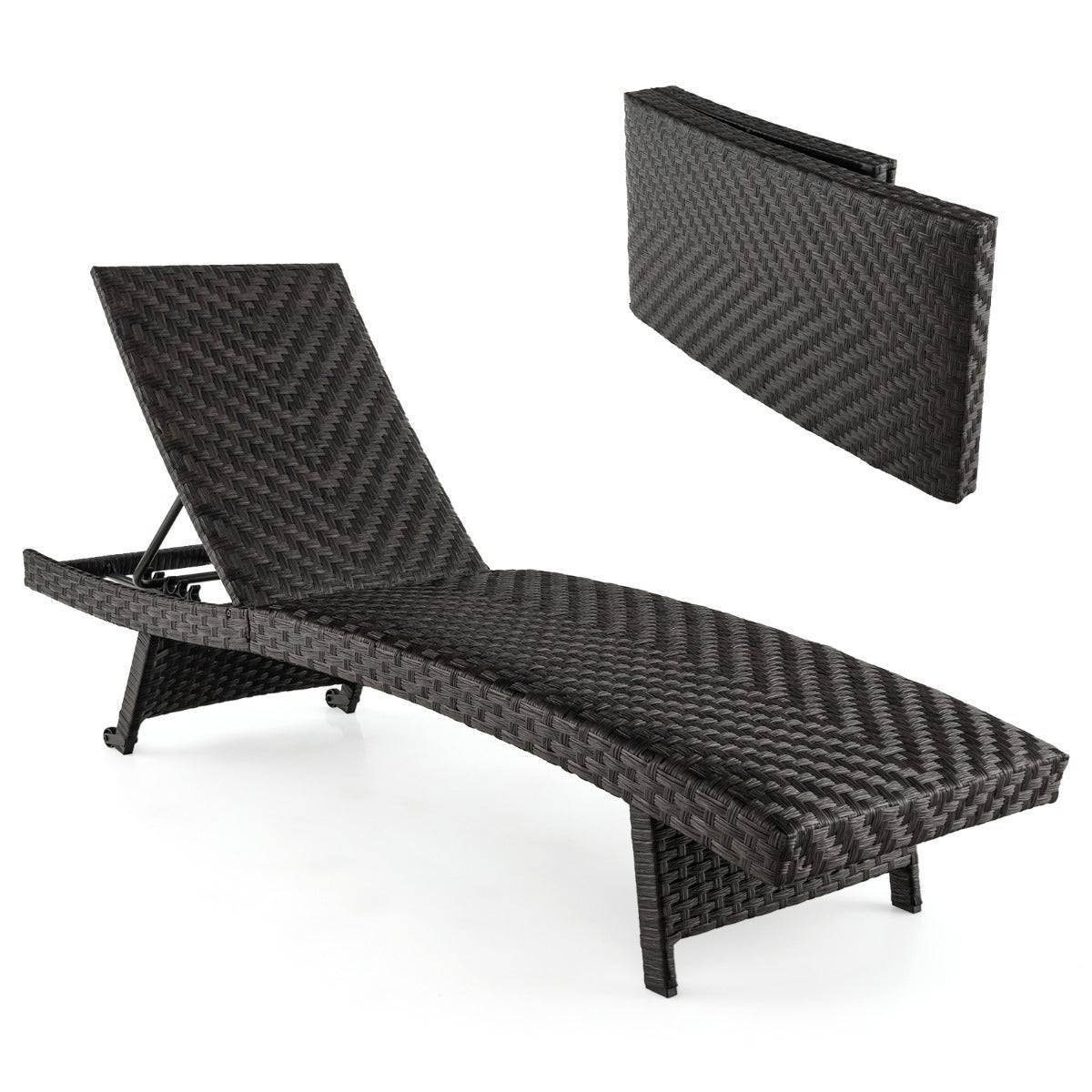 Helloshop26 - Chaise longue pliable en rotin pe dossier inclinable à 5 positions 2 roues arrière patins antidérapants bain de soleil marron - Imagen 1
