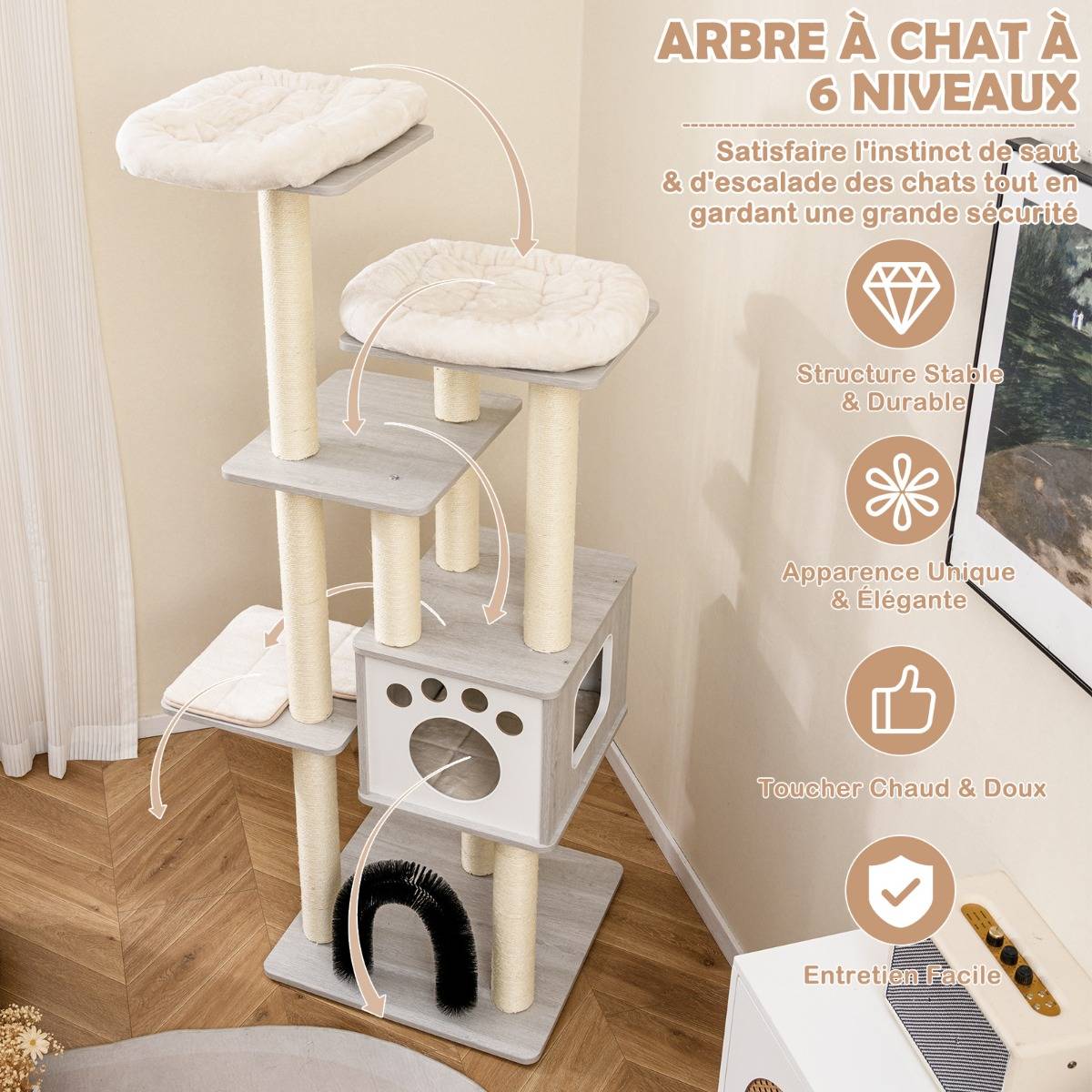 Arbre à Chat 175CM à 6 Niveaux avec Niche et Coussin Amovible Grande Tour de Jeu pour Chat - Image 8