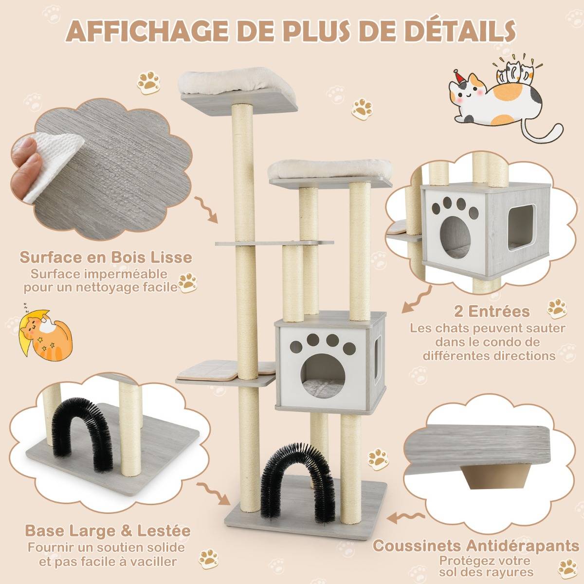 Arbre à Chat 175CM à 6 Niveaux avec Niche et Coussin Amovible Grande Tour de Jeu pour Chat - Image 6