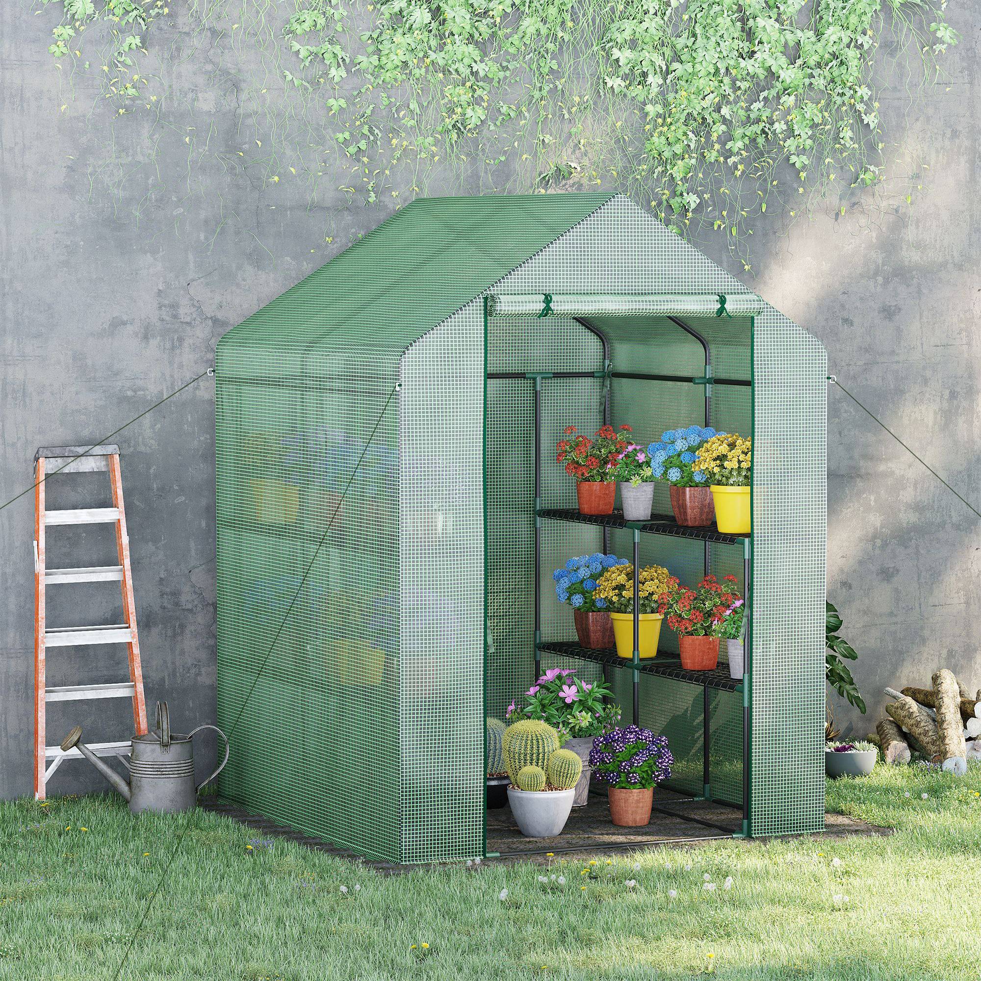 Serre de Jardin avec Étagères 3 Niveaux, Petite Serre de Balcon en Bâche PE 140 g/㎡ Renforcée 143 x 138 x 190 cm, Vert - Image 4