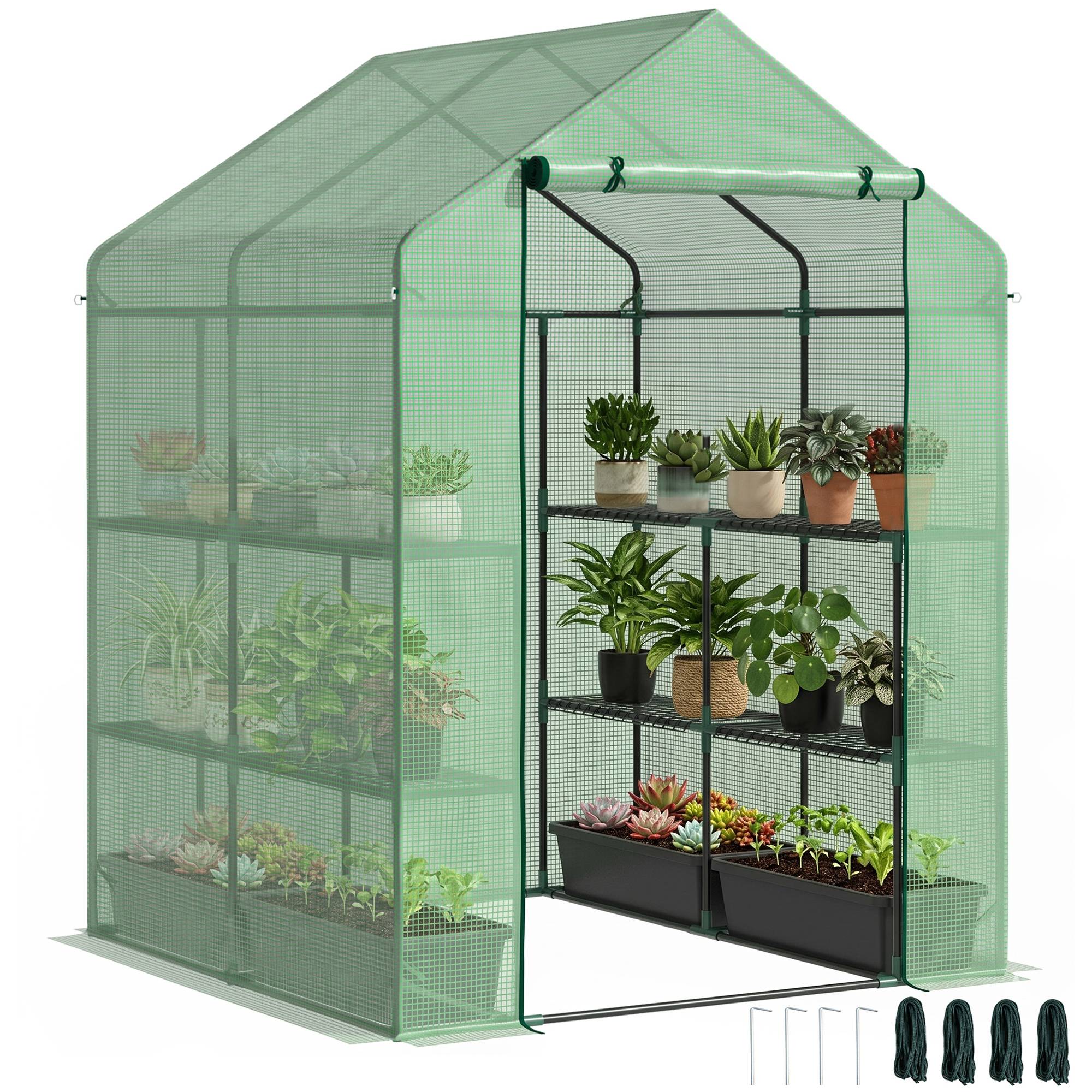 Serre de Jardin avec Étagères 3 Niveaux, Petite Serre de Balcon en Bâche PE 140 g/㎡ Renforcée 143 x 138 x 190 cm, Vert - Image 1