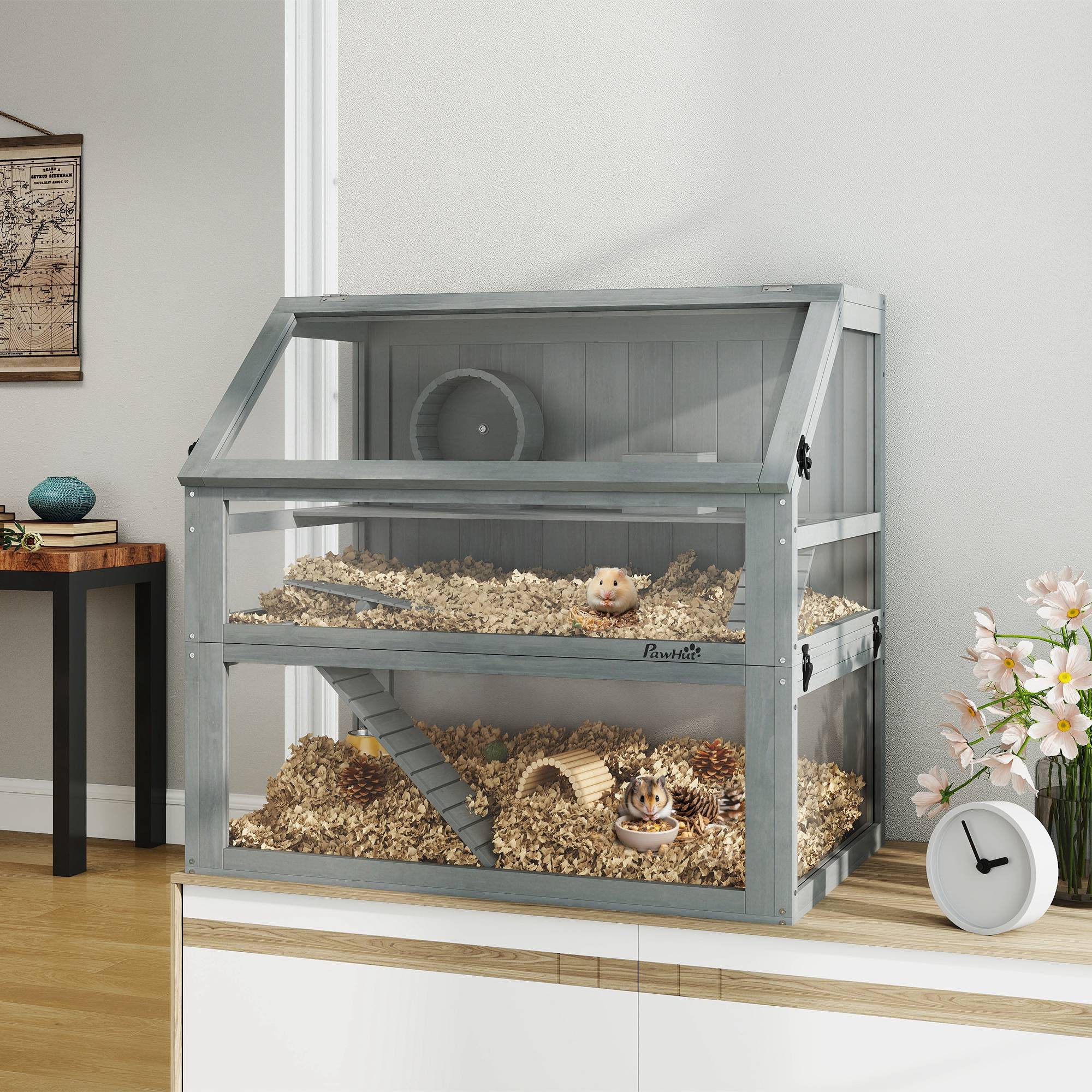 Cage pour hamster bois gris clair 80 x 50 x 76 cm - PANGIVO - Image 4