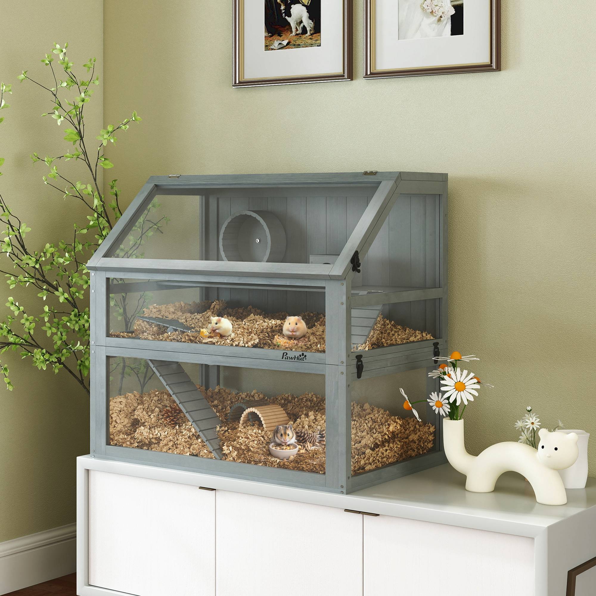 Cage pour hamster bois gris clair 80 x 50 x 76 cm - PANGIVO - Image 3