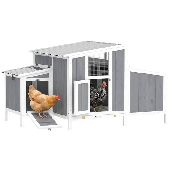 Poulailler en bois avec porte verrouillable, pondoir et toit imperméable en PET pour 3 à 4 poules, 145 x 90 x 92 cm, gris - Image 1