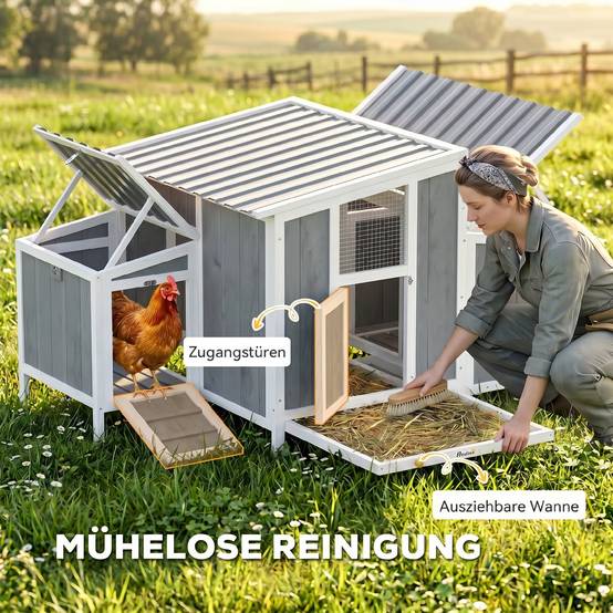 Poulailler en bois avec porte verrouillable, pondoir et toit imperméable en PET pour 3 à 4 poules, 145 x 90 x 92 cm, gris - Image 8