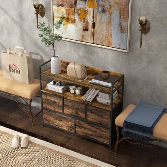 Commode 5 tiroirs tissu pliables avec étagères, meuble rangement chambre bureau salon 98x29x85 cm marron rustique - Image 4