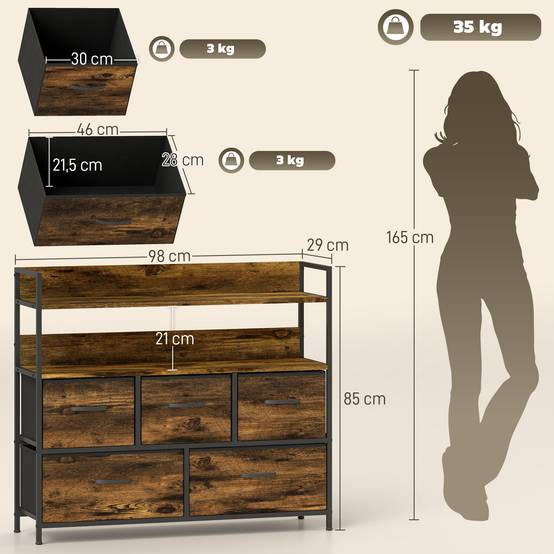 Commode 5 tiroirs tissu pliables avec étagères, meuble rangement chambre bureau salon 98x29x85 cm marron rustique - Image 5