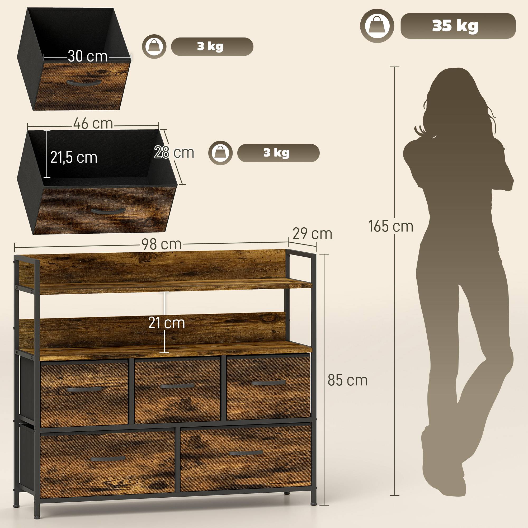 Commode 5 tiroirs tissu pliables avec étagères, meuble rangement chambre bureau salon 98x29x85 cm marron rustique - Image 5