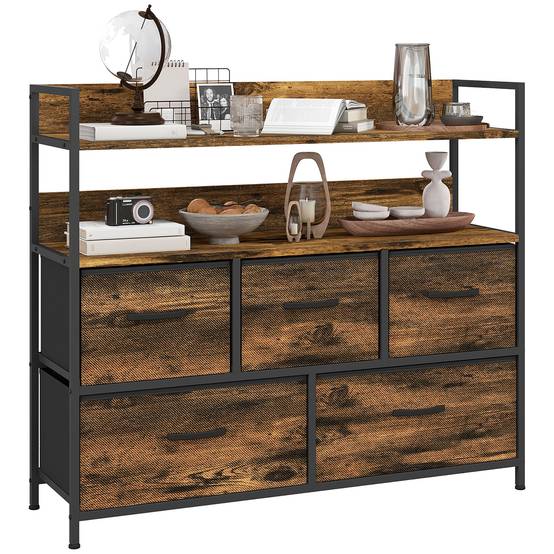 Commode 5 tiroirs tissu pliables avec étagères, meuble rangement chambre bureau salon 98x29x85 cm marron rustique - Image 1