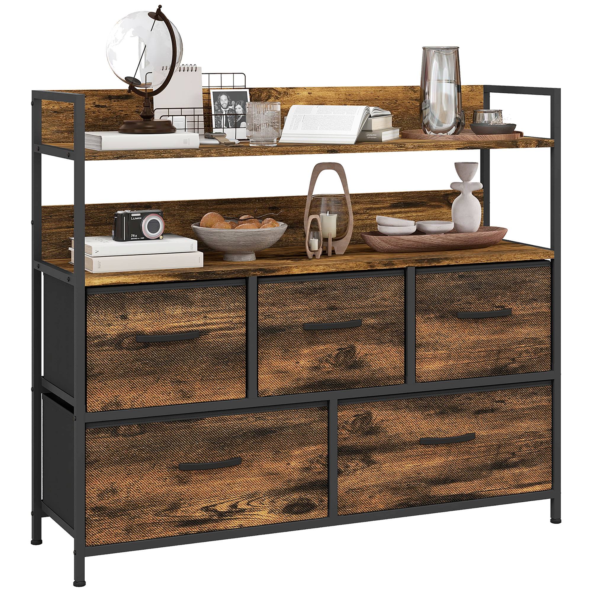 Commode 5 tiroirs tissu pliables avec étagères, meuble rangement chambre bureau salon 98x29x85 cm marron rustique - Image 1
