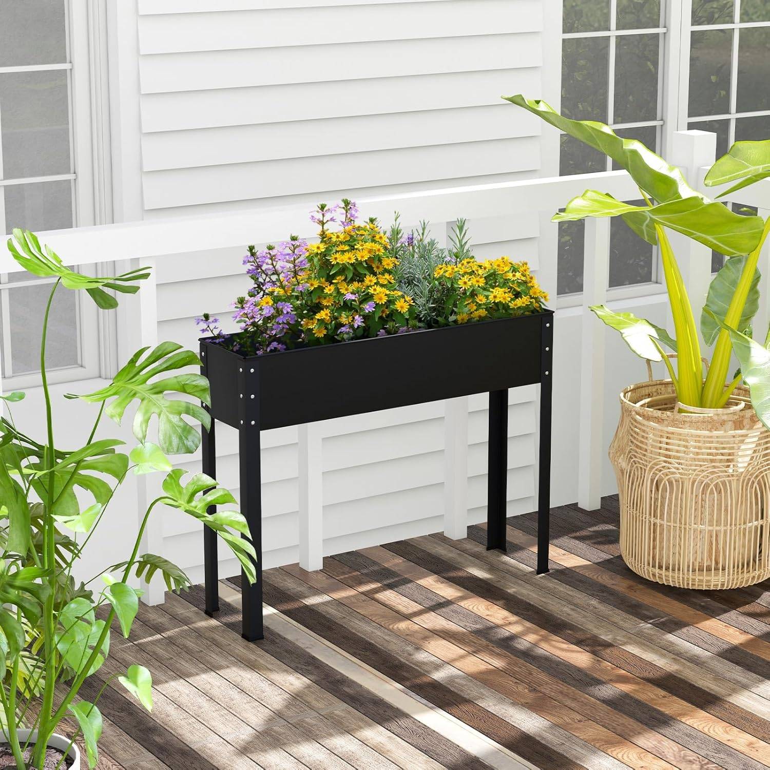 Jardinière Surélevé en Métal avec Trou de Drainage, Lit de Jardin avec Pieds, Grand Bac de Culture pour Plantes Fleurs, 102 x 26,5 x 80 cm - Image 2
