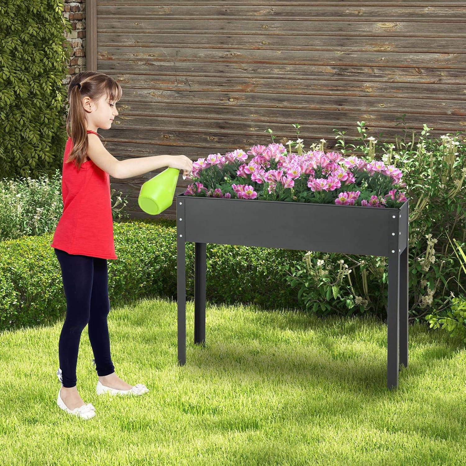 Jardinière Surélevé en Métal avec Trou de Drainage, Lit de Jardin avec Pieds, Grand Bac de Culture pour Plantes Fleurs, 102 x 26,5 x 80 cm - Image 8