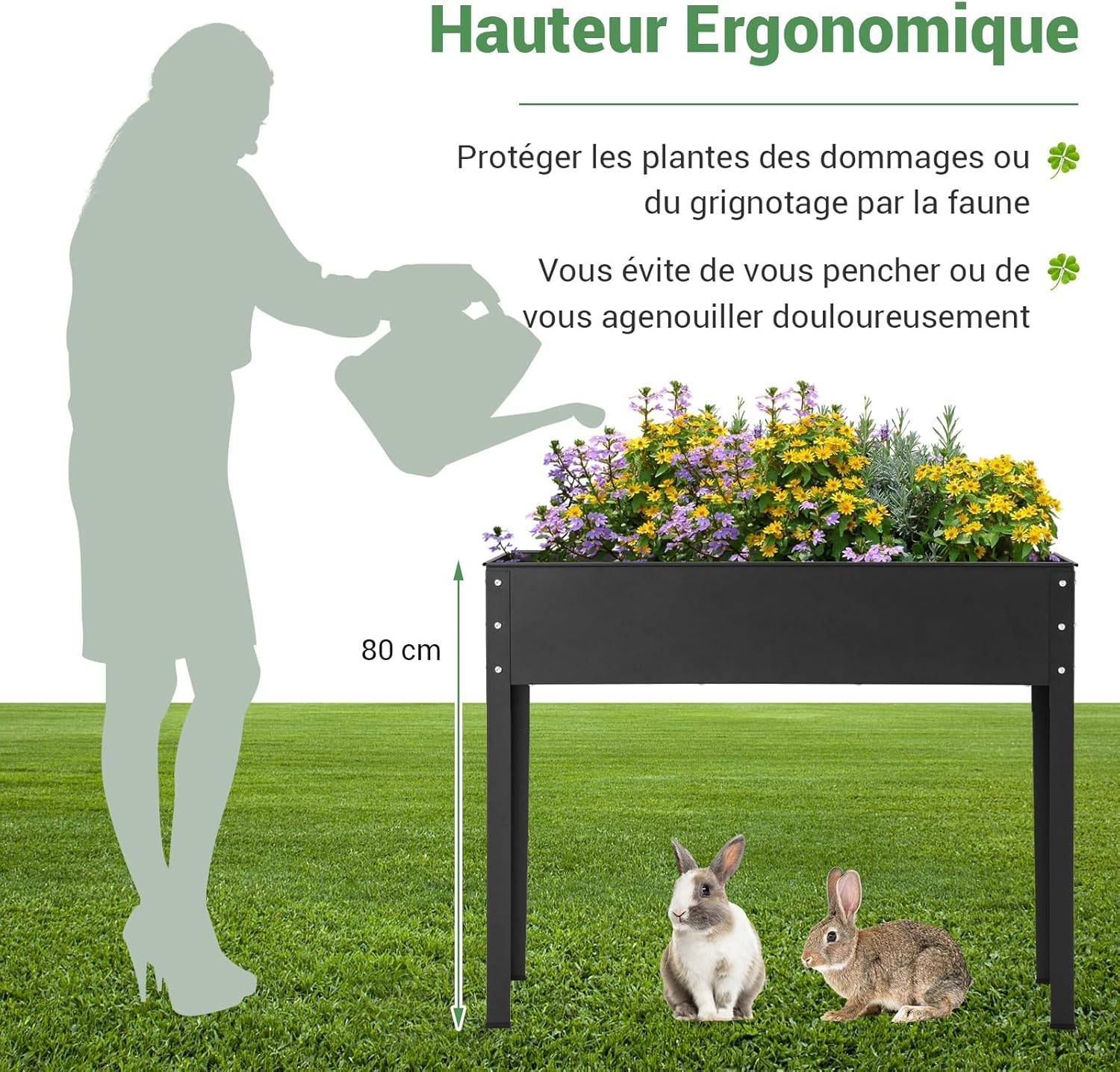 Jardinière Surélevé en Métal avec Trou de Drainage, Lit de Jardin avec Pieds, Grand Bac de Culture pour Plantes Fleurs, 102 x 26,5 x 80 cm - Image 5