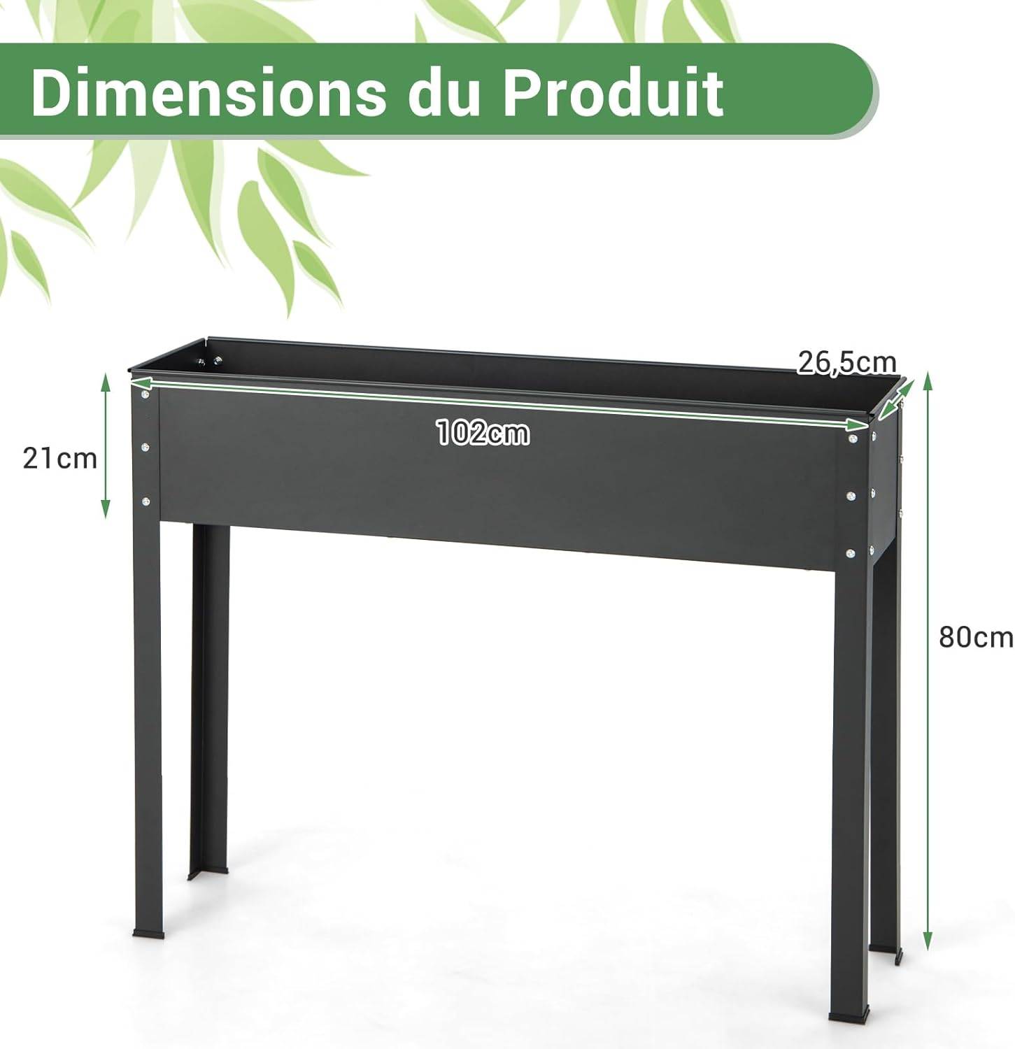 Jardinière Surélevé en Métal avec Trou de Drainage, Lit de Jardin avec Pieds, Grand Bac de Culture pour Plantes Fleurs, 102 x 26,5 x 80 cm - Image 4