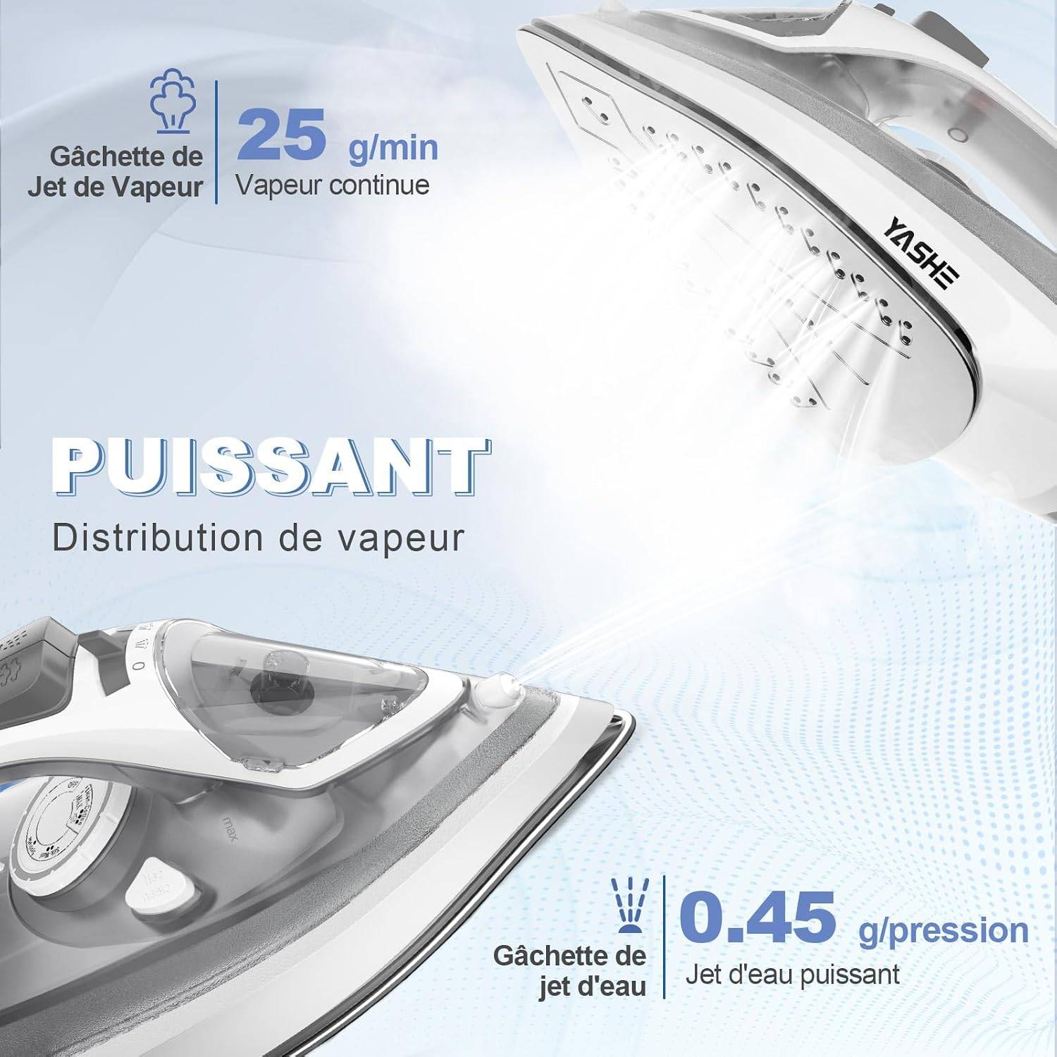 Fer à repasser vapeur 2300 W, 300 ml, 25 g/min, pressing 150 g/min – YASHE - Image 4