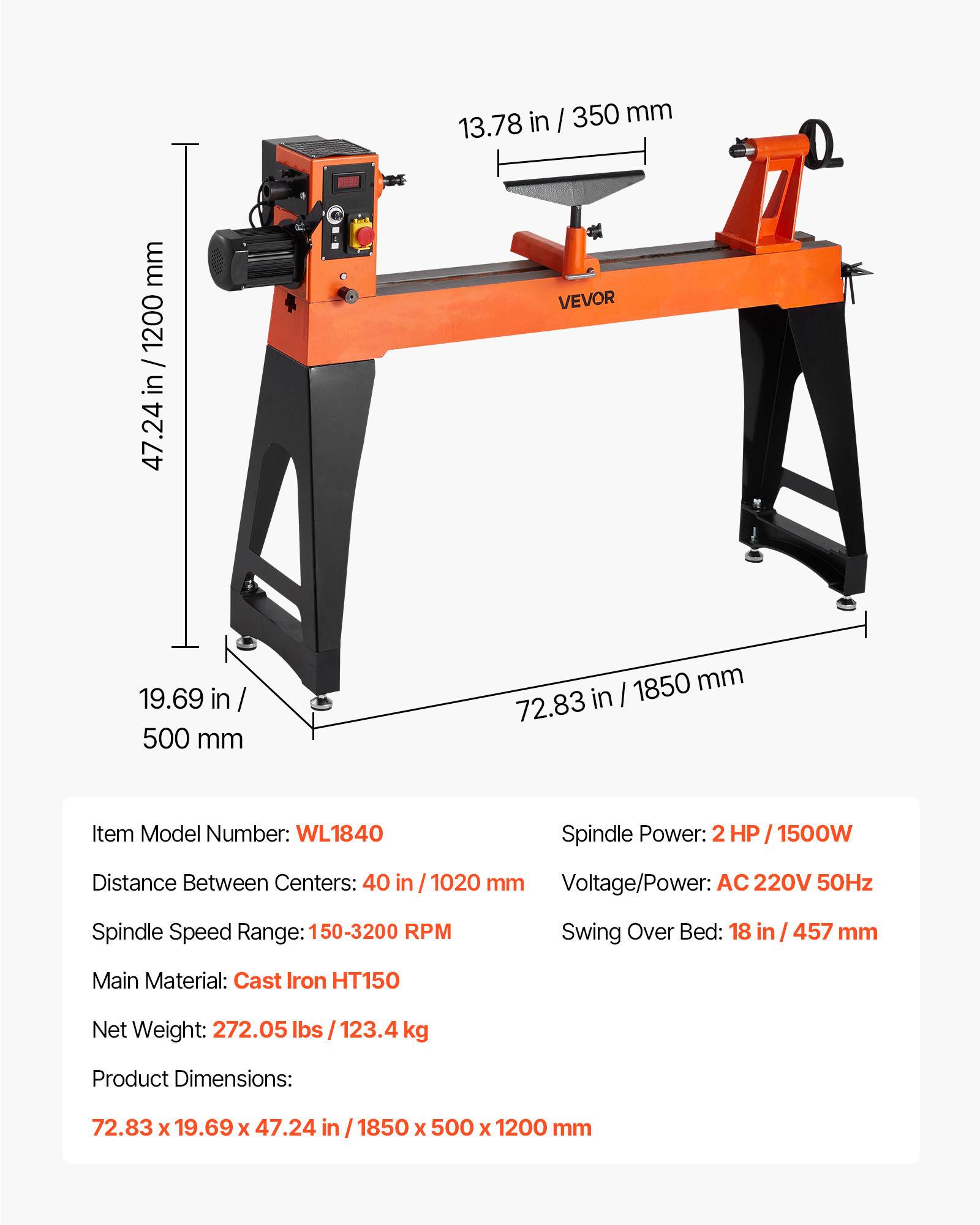 Vevor - VEVOR Tour à bois 45,7x102 cm 1500 W, variateur 150-3200 tr/min, moteur sans balais, pieds réglables, banc en fonte HT150. - Image 6