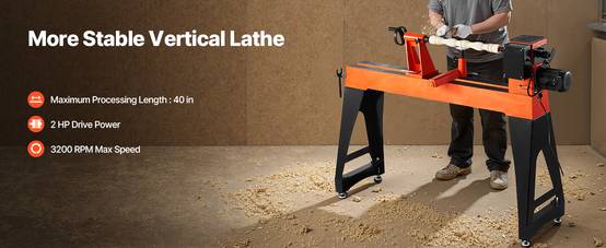 Vevor - VEVOR Tour à bois 45,7x102 cm 1500 W, variateur 150-3200 tr/min, moteur sans balais, pieds réglables, banc en fonte HT150. - Image 9