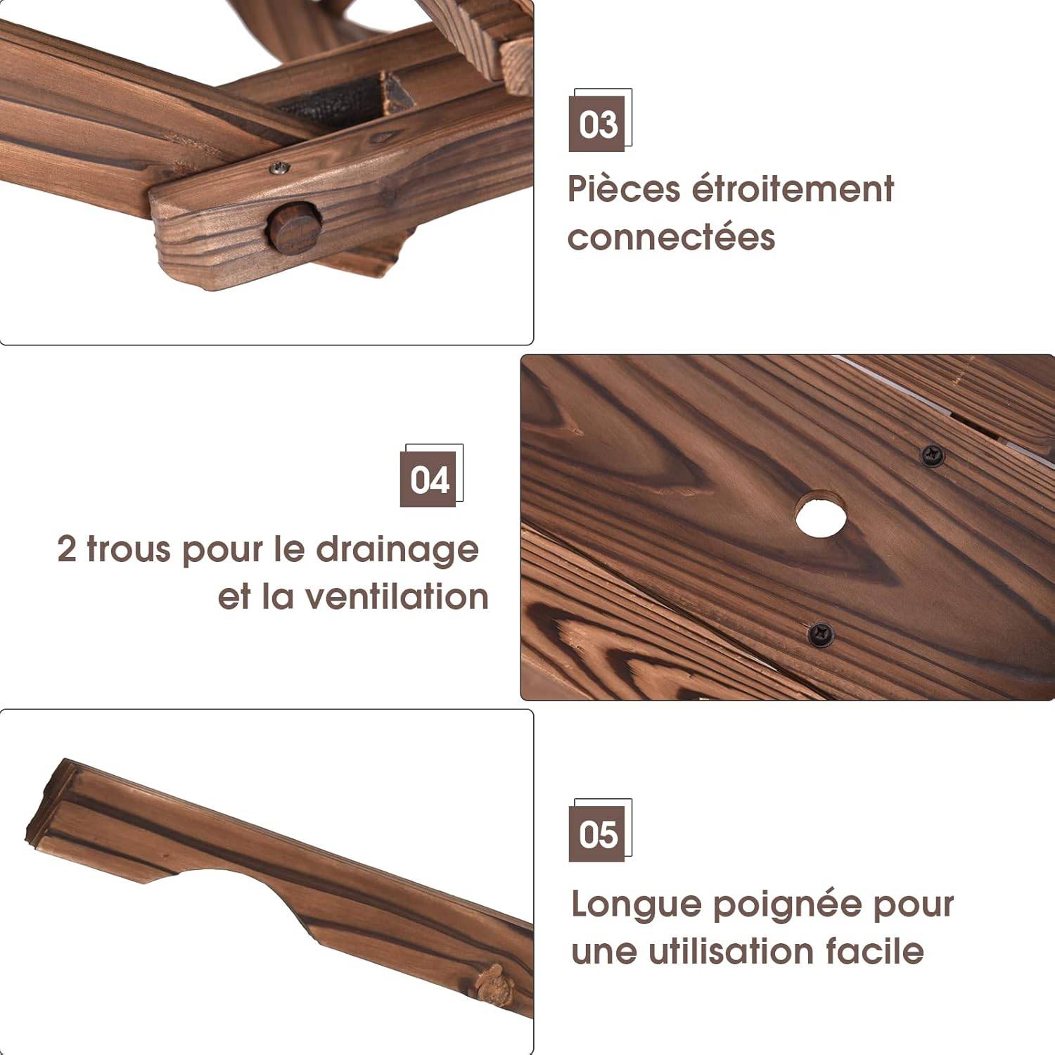 Brouette à Fleurs Jardinière en Bois à Roues avec Poignée Réglable et Trou de Drainage, Convient pour Ferme, Patio, Jardin, Cour - Image 5